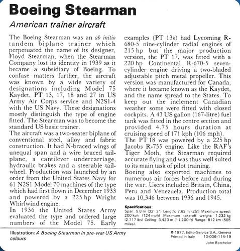 1977 Edito-Service World War II - Deck 114 #13-036-114-19 Boeing Stearman Back