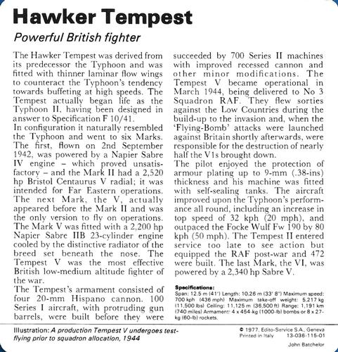 1977 Edito-Service World War II - Deck 115 #13-036-115-01 Hawker Tempest Back
