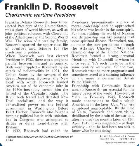 1977 Edito-Service World War II - Deck 116 #13-036-116-01 Franklin D. Roosevelt Back