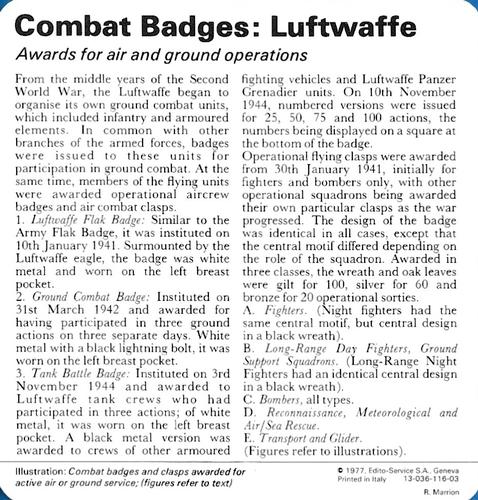 1977 Edito-Service World War II - Deck 116 #13-036-116-03 Combat Badges: Luftwaffe Back