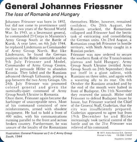 1977 Edito-Service World War II - Deck 116 #13-036-116-07 General J. Friessner Back
