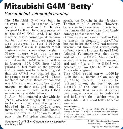 1977 Edito-Service World War II - Deck 116 #13-036-116-11 Mitsubishi G4M 'Betty' Back