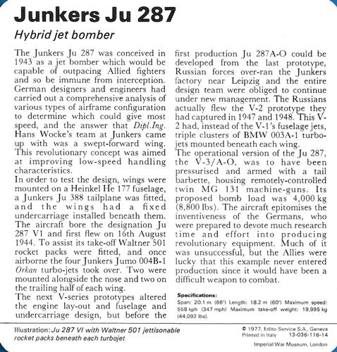1977 Edito-Service World War II - Deck 116 #13-036-116-14 Junkers JU 287 Back