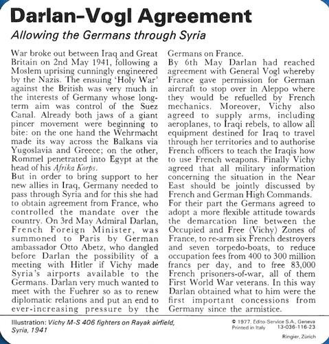 1977 Edito-Service World War II - Deck 116 #13-036-116-23 Darlan-Vogl Agreement Back
