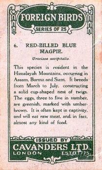 1926 Cavanders Foreign Birds #6 Red-Billed Blue Magpie Back