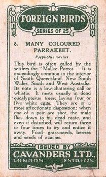 1926 Cavanders Foreign Birds #8 Many Coloured Parrakeet Back