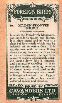1926 Cavanders Foreign Birds #10 Golden Fronted Bulbul Back