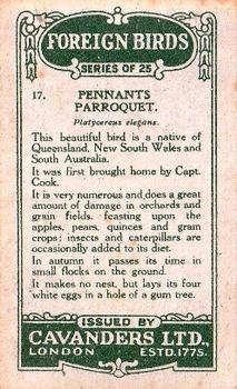 1926 Cavanders Foreign Birds #17 Pennants Parroquet Back