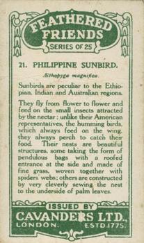 1926 Cavanders Feathered Friends #21 Philippine Sunbird Back