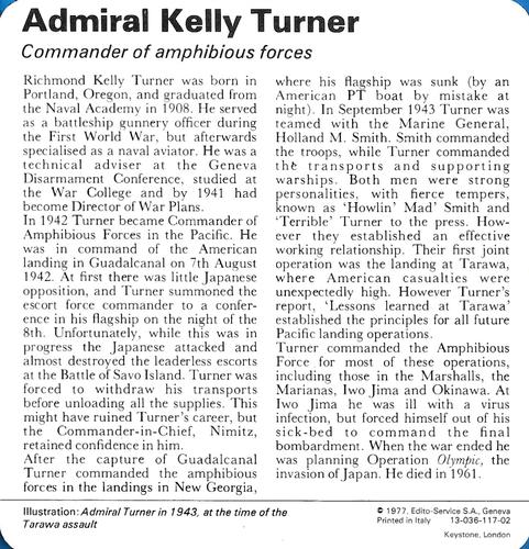 1977 Edito-Service World War II - Deck 117 #13-036-117-02 Admiral Kelly Turner Back