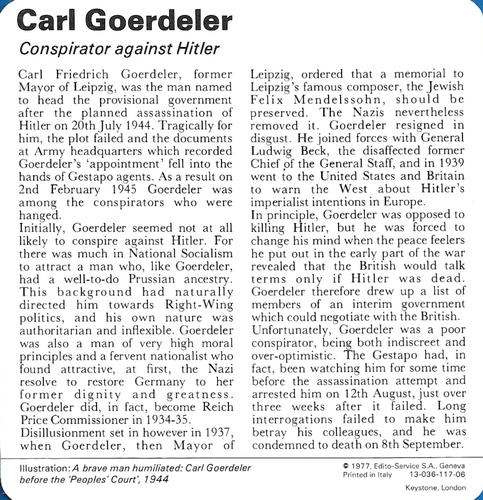 1977 Edito-Service World War II - Deck 117 #13-036-117-06 Carl Goerdeler Back