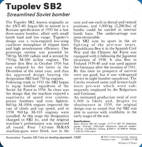 1977 Edito-Service World War II - Deck 117 #13-036-117-09 Tupolev SB2 Back