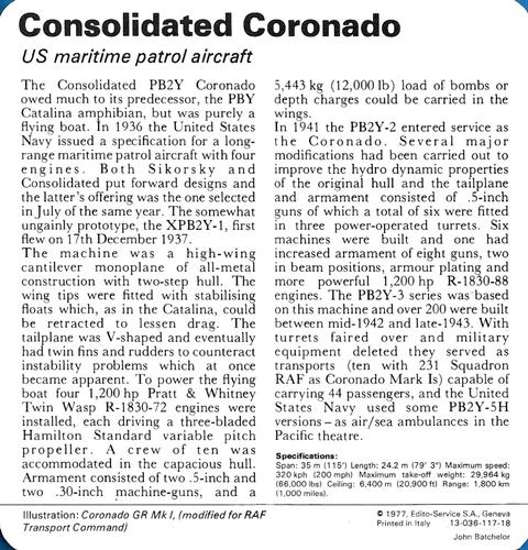 1977 Edito-Service World War II - Deck 117 #13-036-117-18 Consolidated Coronado Back