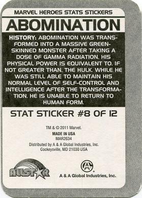 2011 A&A Global Marvel Heroes Stats Stickers #8 Abomination Back