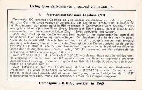 1958 Liebig Geschiedenis van Denemarken (History of Denmark) (Dutch Text) (F1688, S1697) #1 Veroveringstocht naar Engeland (991) Back