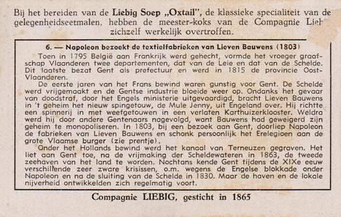 1952 Liebig De Geschiedenis van onze provincies - Oost-Vlaanderen (History of Flanders (East) (Dutch Text) (F1517, S1549) #6 Napoleon bezoekt de textielfabrieken van Lieven Bauwens (1803) Back