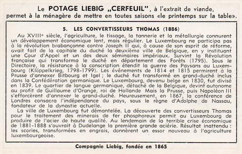 1952 Liebig Histoire du Grand-Duche de Luxembourg (History of Luxembourg) (French Text) (F1545, S1551) #5 Les convertisseurs Thomas (1886) Back