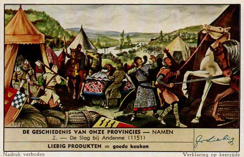 1951 Liebig De Geschiedenis van onze provincies - Namen (History of Namur) (Dutch Text) (F1523, S1550) #2 De Slag bij Andenne (1151) Front