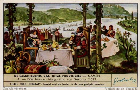 1951 Liebig De Geschiedenis van onze provincies - Namen (History of Namur) (Dutch Text) (F1523, S1550) #4 Don Juan en Margaretha van Navarrs (1577) Front