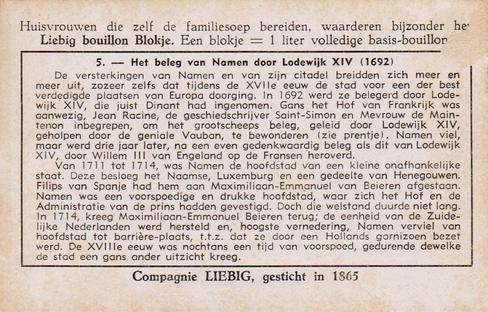1951 Liebig De Geschiedenis van onze provincies - Namen (History of Namur) (Dutch Text) (F1523, S1550) #5 Het beleg van Namen door Lodewijk XIV (1692) Back