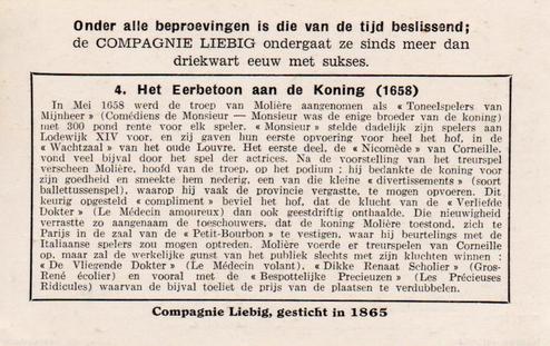 1950 Liebig Het Leven van Moliere (The Life of Moliere) (Dutch Text) (F1498, S1499) #4 Het Eerbetoon aan de Koning (1658) Back