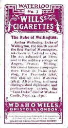 1995 Card Collectors Society 1915 Wills's Waterloo (reprint) #1 The Duke of Wellington Back