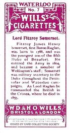 1995 Card Collectors Society 1915 Wills's Waterloo (reprint) #7 Lord Fitzroy Somerset Back