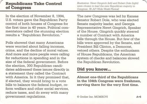 1996-97 Grolier Story of America Cards - Year in Review #A.6 Republicans Take Control of Congress Back