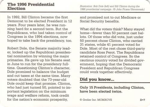 1996-97 Grolier Story of America Cards - Year in Review #D.7 The 1996 Presidential Election Back