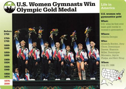 1996-97 Grolier Story of America Cards - Year in Review #D.18 U.S. Women Gymnasts Win Olympic Gold Medal Front