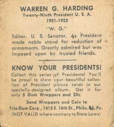1940 Trio Gum Presidents (R210) #NNO Warren G. Harding Back