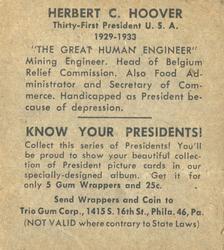 1940 Trio Gum Presidents (R210) #NNO Herbert Hoover Back