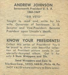 1940 Trio Gum Presidents (R210) #NNO Andrew Johnson Back