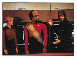 1992 Panini Star Trek: The Next Generation Stickers (Red backs) #14 Yar, Worf and Q, in 21st Century military uniform Front