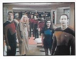1992 Panini Star Trek: The Next Generation Stickers (Red backs) #54 Bridge crew, Zorn and Q(Starfleet uniform) facing viewscreen Front