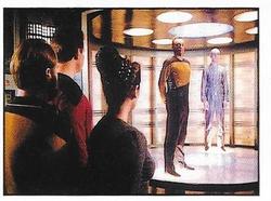1992 Panini Star Trek: The Next Generation Stickers (Red backs) #121 Riker and Troi watching Kosinski and the Traveler beam aboard Front