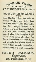 1934 Peter Jackson Famous Films #2 Ann Harding / John Boles Back