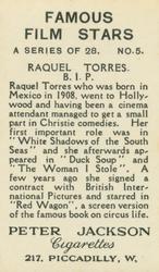 1935 Peter Jackson Famous Film Stars #5 Raquel Torres Back