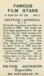 1935 Peter Jackson Famous Film Stars #7 Gertrude Lawrence Back