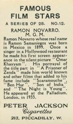 1935 Peter Jackson Famous Film Stars #12 Ramon Novarro Back