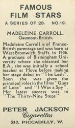 1935 Peter Jackson Famous Film Stars #19 Madeleine Carroll Back