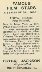 1935 Peter Jackson Famous Film Stars #21 Anita Louise Back