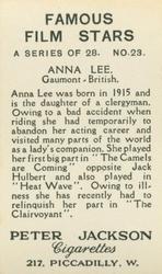 1935 Peter Jackson Famous Film Stars #23 Anna Lee Back