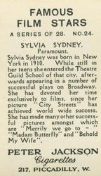 1935 Peter Jackson Famous Film Stars #24 Sylvia Sidney Back