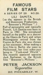1935 Peter Jackson Famous Film Stars #26 Lili Damita Back
