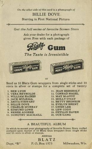 1928 Blatz Gum Favorite Screen Stars #6 Billie Dove Back