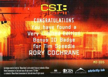 2005 Strictly Ink CSI Miami Series 2 - ID Badges #MIID5 Tim Speedle Back