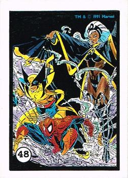 1991 Comic Images Spider-Man Webs Trading Stickers #48 Spider-Man / Storm / Wolverine Front