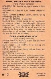 1969 Dandy Gum H Wild Animals (A) (Danish/English) #13 Moutain lion Back