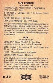 1969 Dandy Gum H Wild Animals (A) (Danish/English) #30 Ibex Back
